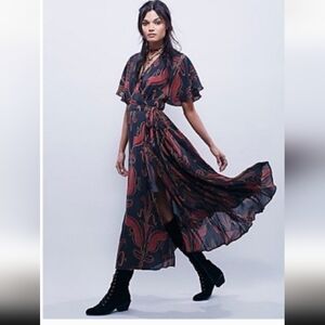 ❌SOLD❌Free People Sweet Escape Dress Red and Charcoal Wrap Maxi Dress Size Large